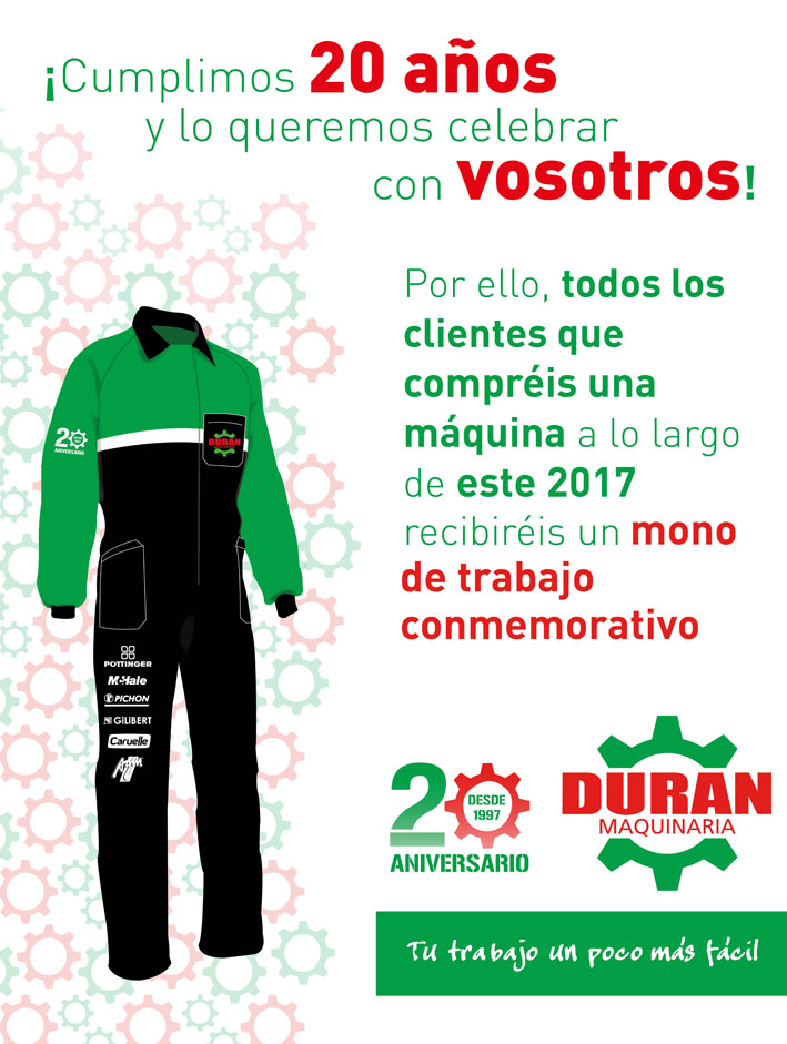 Durán Maquinaria Agrícola celebra en 2017 su vigésimo aniversario. Con motivo de la efeméride, todos los clientes que a lo largo de este año compren alguna máquina recibirán un mono de trabajo conmemorativo.