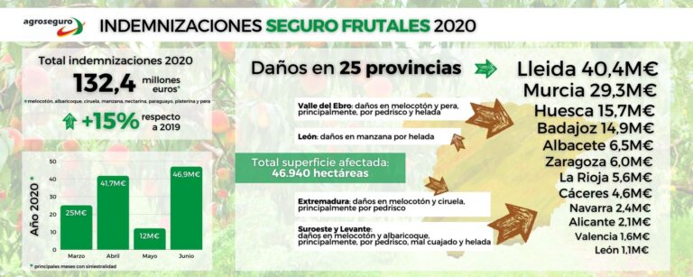 Agroseguro abona 132,4 millones de euros a fruticultores asegurados por los siniestros de 2020