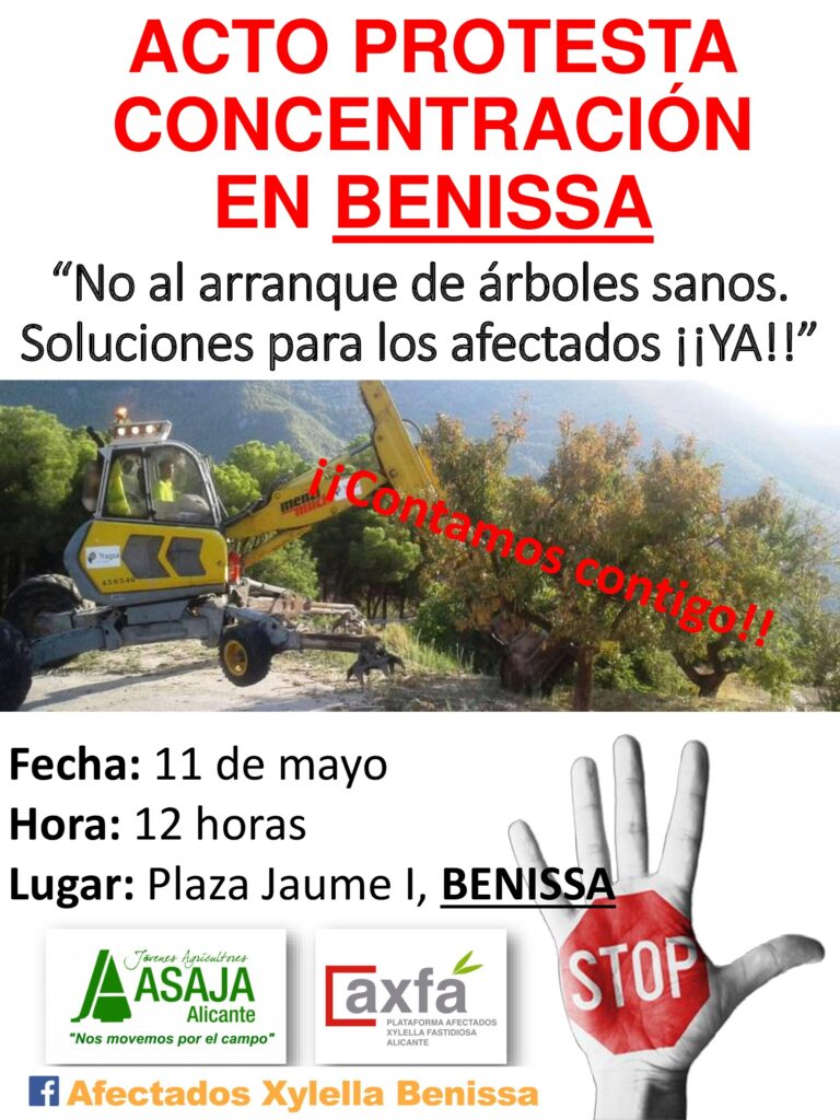 ASAJA, AXFA y Afectados Xylella Benissa/Pinos convocan un acto de protesta-concentración el 11 de mayo en Benissa para pedir la sustitución del Plan de Erradicación por la Contención
