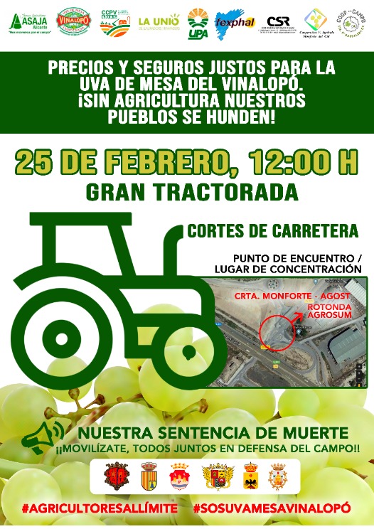 Agricultores y ganaderos participarán este martes en una gran Tractorada / concentración en el Medio Vinalopó por la supervivencia del Sector Primario