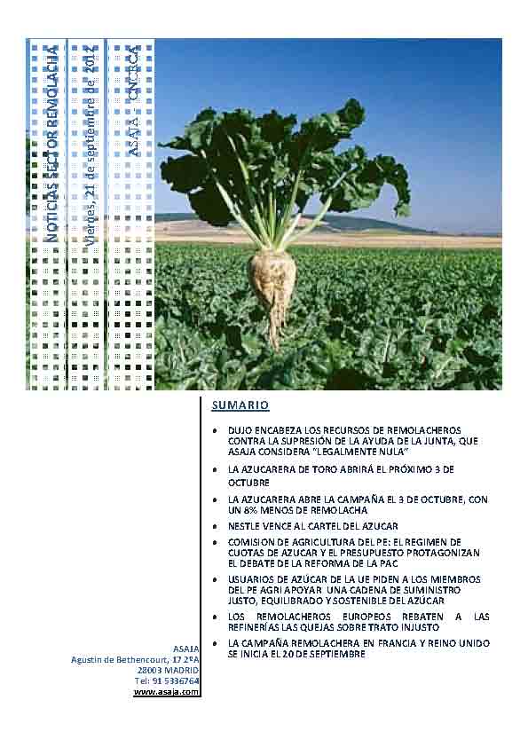 Noticias Sector Remolacha (Viernes, 21 de septiembre de 2012)