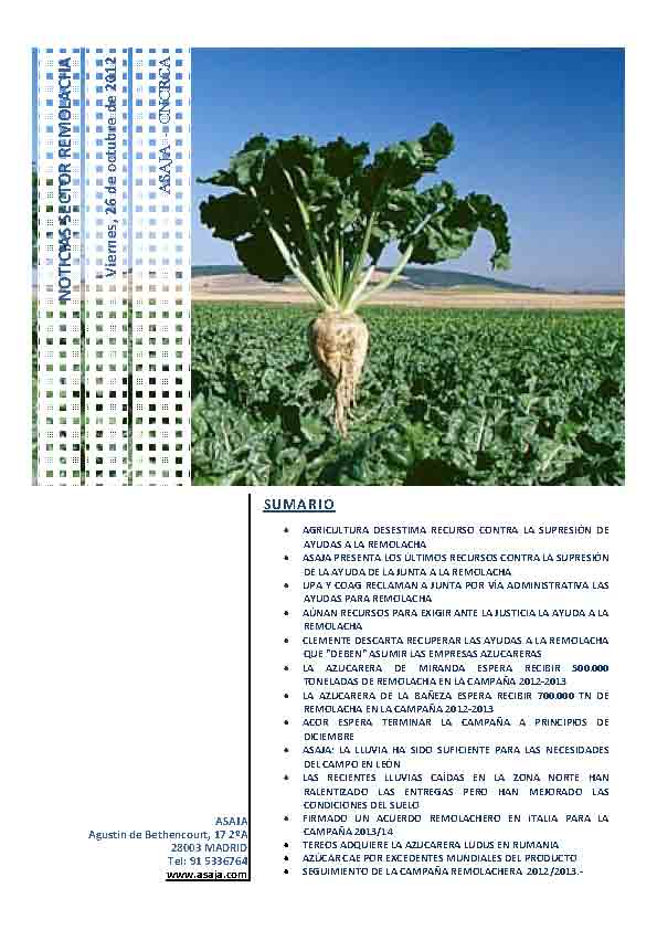 Noticias Sector Remolacha (Viernes, 26 de octubre de 2012)