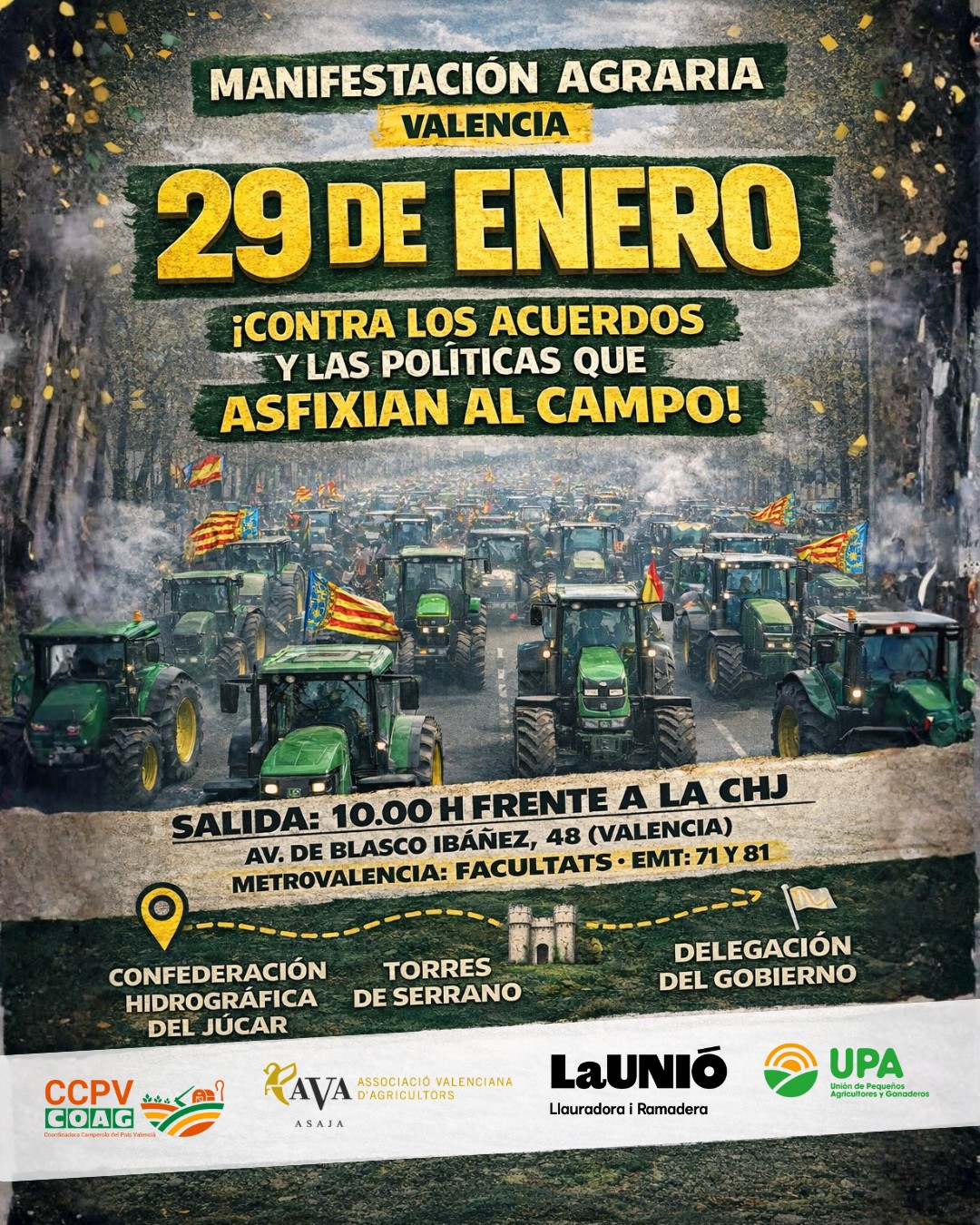 El sector agrario convoca una tractorada y manifestación el 29 de enero en Valencia