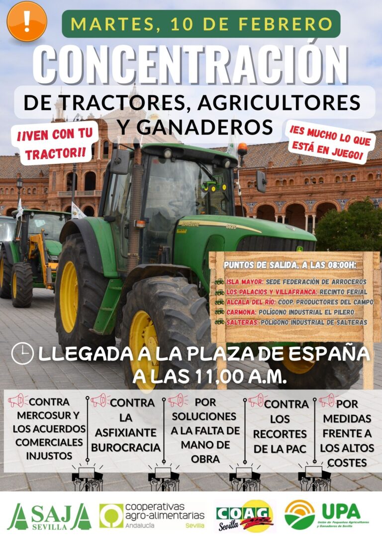 El campo de Sevilla se moviliza mañana con una gran concentración que reunirá a miles de agricultores y cientos de tractores en la capital