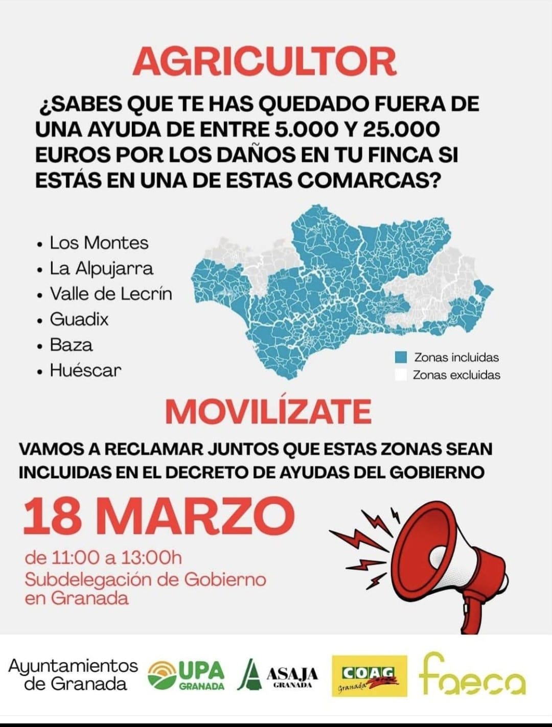 Movilización del sector agrario en Granada para exigir la inclusión de comarcas en las ayudas por daños